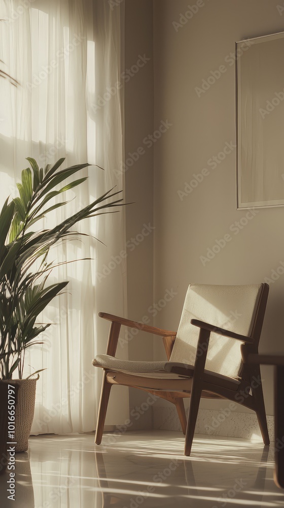 A serene corner featuring a stylish chair, sunlight streaming through curtains, and a vibrant plant for a cozy atmosphere.