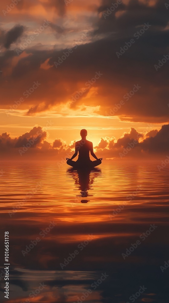 Fototapeta premium A serene figure meditates on calm waters at sunset, reflecting peaceful energies amidst stunning clouds and colors.