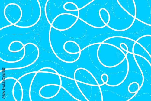 Abstract line design. Skate marks on ice. White lines isolated on blue background. Simple noodle design.