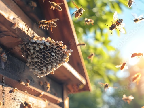 Hornets Constructing Nest Under Eaves of Wooden House Pest Control Concept photo