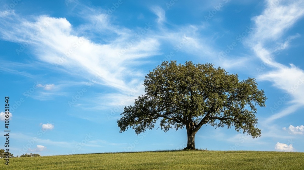 A solitary oak tree with a sprawling canopy, standing strong against a blue sky, symbolizing resilience and timeless beauty in nature A solitary oak tree with a sprawling canopy, standing strong against a blue sky, symbolizing resilience and timeless beauty in nature