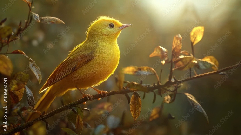 Obraz premium A yellow bird perched on a branch, with detailed feathers catching the light in a natural setting