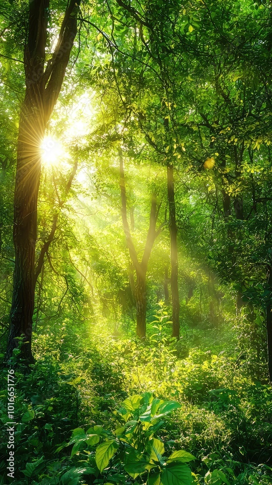 A serene forest scene with sunlight streaming through lush green trees, creating a peaceful and enchanting atmosphere. A serene forest scene with sunlight streaming through lush green trees, creating a peaceful and enchanting atmosphere.