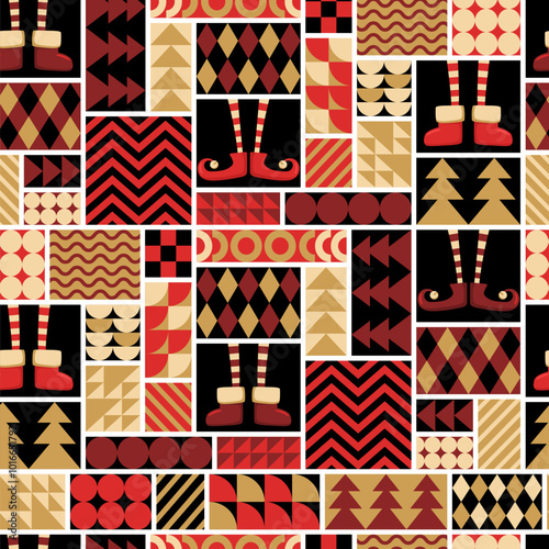 Christmas vector seamless pattern with cute elves legs in shoes, Christmas trees and abstract geometric shapes background. Modern design illustration template for poster print, banner, card