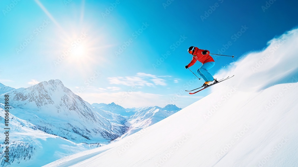 Dynamic Skier Leaps Against Stunning Winter Mountain Backdrop in Bright Sunshine Dynamic Skier Leaps Against Stunning Winter Mountain Backdrop in Bright Sunshine