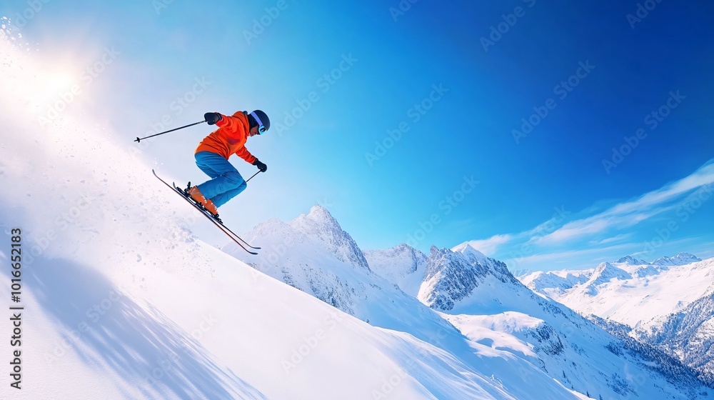 Skier in Vibrant Winter Gear Soars Through the Air Over Majestic Mountains Skier in Vibrant Winter Gear Soars Through the Air Over Majestic Mountains