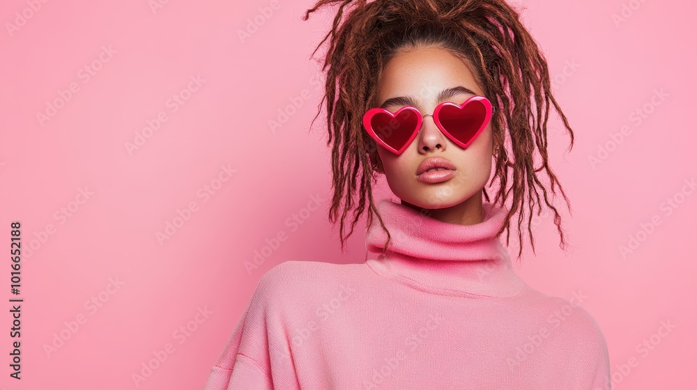 A woman poses against a pink background wearing heart-shaped sunglasses and a pink sweater, showcasing her stylish dreadlocks and confident expression. A woman poses against a pink background wearing heart-shaped sunglasses and a pink sweater, showcasing her stylish dreadlocks and confident expression.