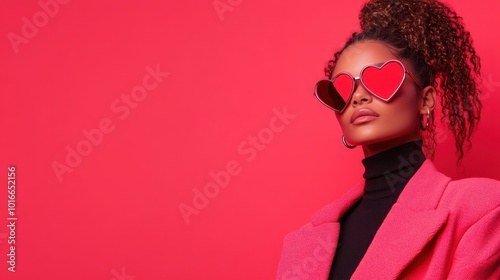 A chic figure poses in a pink coat and heart-shaped sunglasses against a bold red background, epitomizing fashion confidence and modern style with a playful twist.