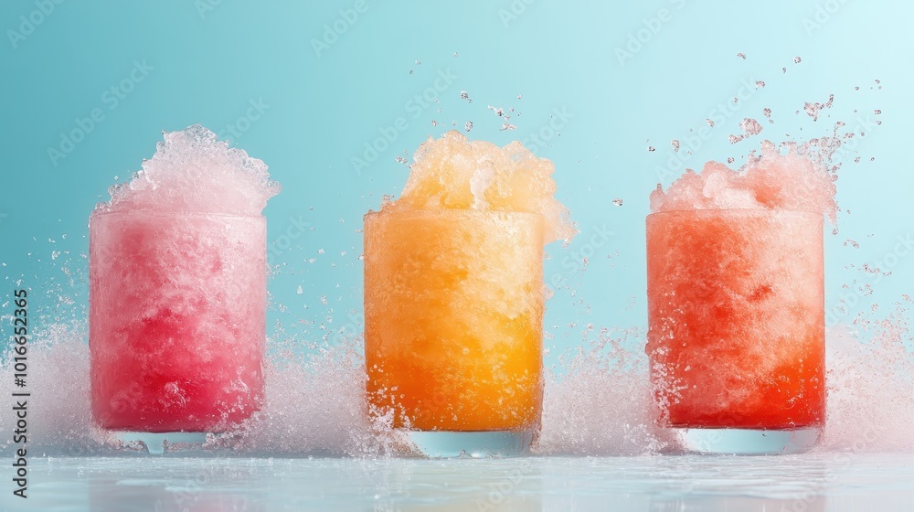 A lively image featuring three slushies in distinct pink, orange, and red hues with bubbly ice toppings, set against a light blue background showcasing freshness and joy. A lively image featuring three slushies in distinct pink, orange, and red hues with bubbly ice toppings, set against a light blue background showcasing freshness and joy.