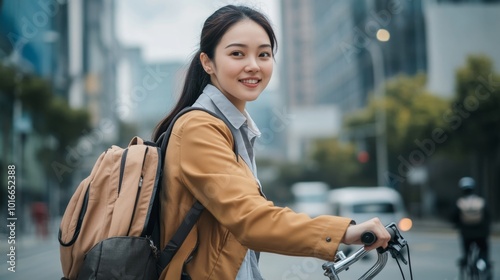 Asian businesswoman go to work at office stand and smiling wear backpack with bicycle on street around building on a city. Bike commuting, Commute on bike, Business commuter concept