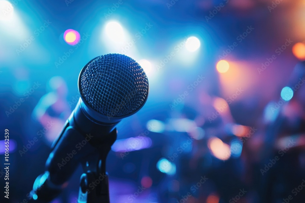 A solo microphone on a stand ready to capture performances, perfect for music events, concerts or live shows. A solo microphone on a stand ready to capture performances, perfect for music events, concerts or live shows.