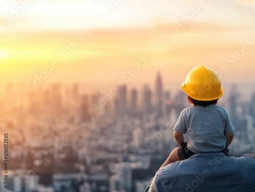 A child wearing a hard hat sits on an adult's shoulders, enjoying a sunset view over a city skyline.