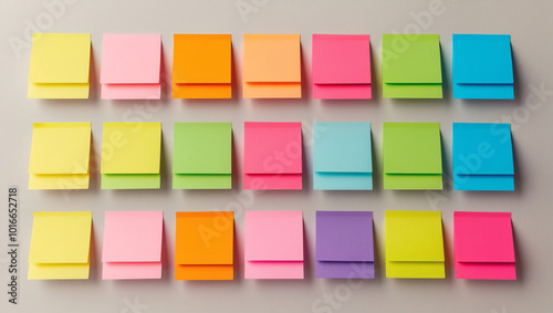 Sticky notes, rainbow gradient colored square notepads, different colors and saturations. Isolated vector illustration on white background.