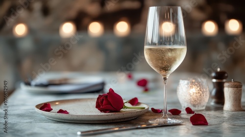 The image displays a romantic dinner table setting featuring a glass of wine, a single red rose on a plate, and scattered rose petals, creating a perfect ambiance. photo