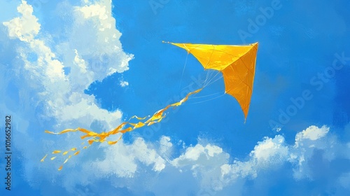 A yellow kite flying high in a blue sky, its tail trailing with detailed fabric and reflections