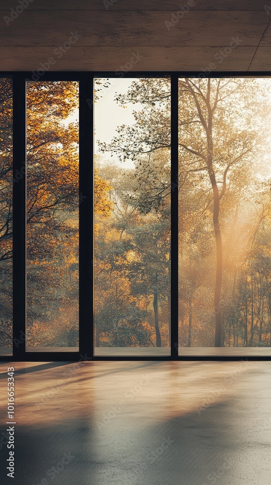 A serene interior view through large windows, showcasing vibrant autumn foliage and warm sunlight filtering in. A serene interior view through large windows, showcasing vibrant autumn foliage and warm sunlight filtering in.