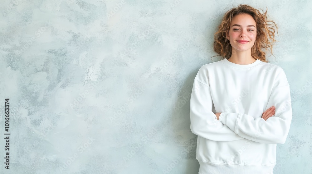 A woman stands casually with crossed arms, smiling in a plain white sweatshirt against a textured, light-colored wall, exuding a sense of relaxed confidence. A woman stands casually with crossed arms, smiling in a plain white sweatshirt against a textured, light-colored wall, exuding a sense of relaxed confidence.