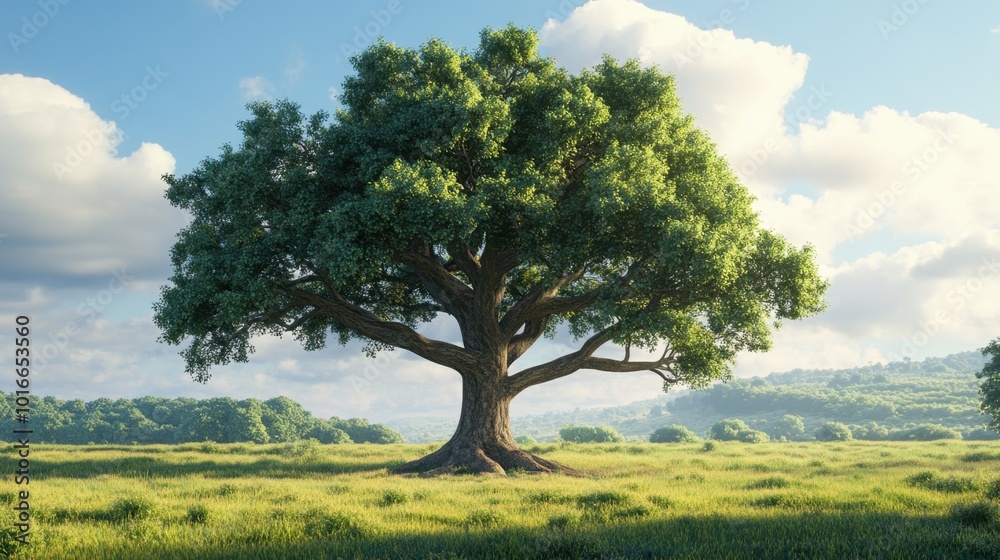 A stunning oak tree isolated in a vast landscape, its broad branches and thick trunk highlighted against a serene background A stunning oak tree isolated in a vast landscape, its broad branches and thick trunk highlighted against a serene background