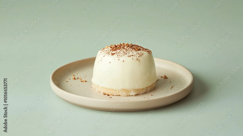 Vanilla gourmet dessert on a beige plate on a light green background Vanilla gourmet dessert on a beige plate on a light green background