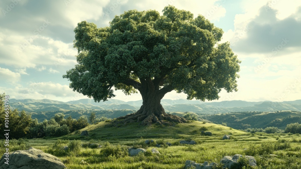 Obraz premium A stunning oak tree isolated in a vast landscape, its broad branches and thick trunk highlighted against a serene background