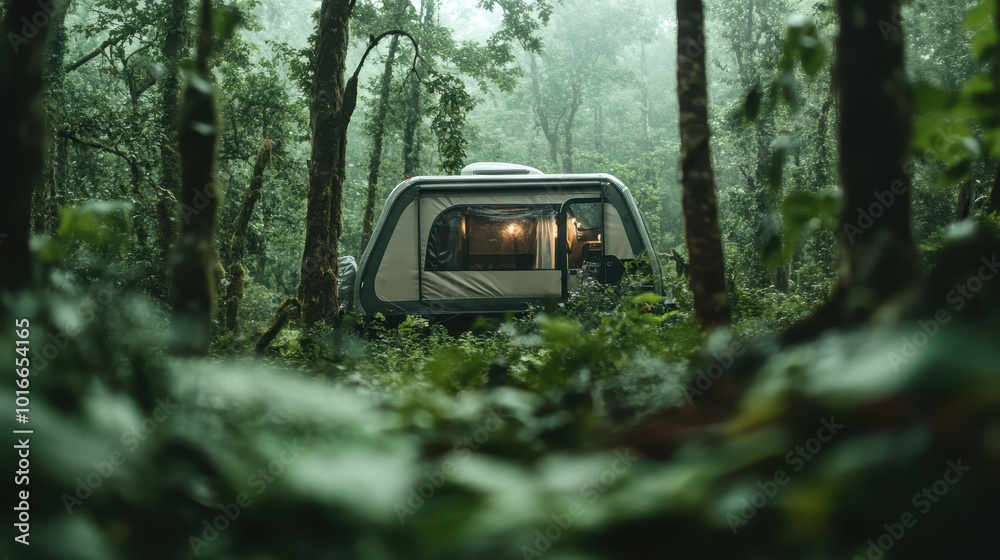 A serene camper van situated in the tranquil midst of a dense forest, perfectly embodying a harmonious retreat and connection with nature's peaceful elements. A serene camper van situated in the tranquil midst of a dense forest, perfectly embodying a harmonious retreat and connection with nature's peaceful elements.