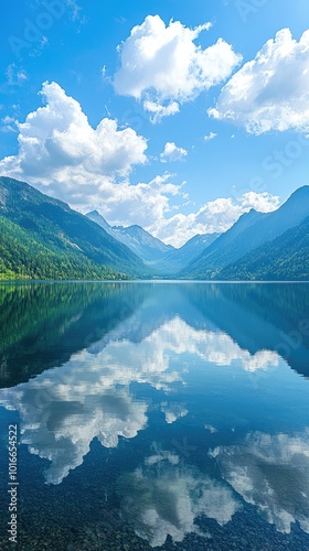 A serene landscape featuring mountains and a clear lake, reflecting fluffy clouds under a bright blue sky.