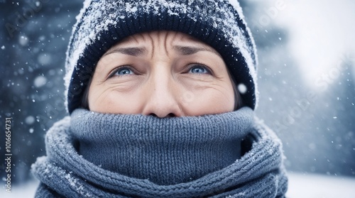 Close-up of a worried elderly woman bundled in a scarf during snowfall