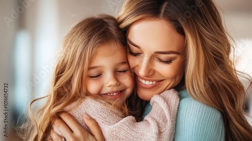 A mother and daughter share a heartfelt embrace, expressing love and tenderness, with joyful expressions in a warm setting that highlights familial bonds and affection.