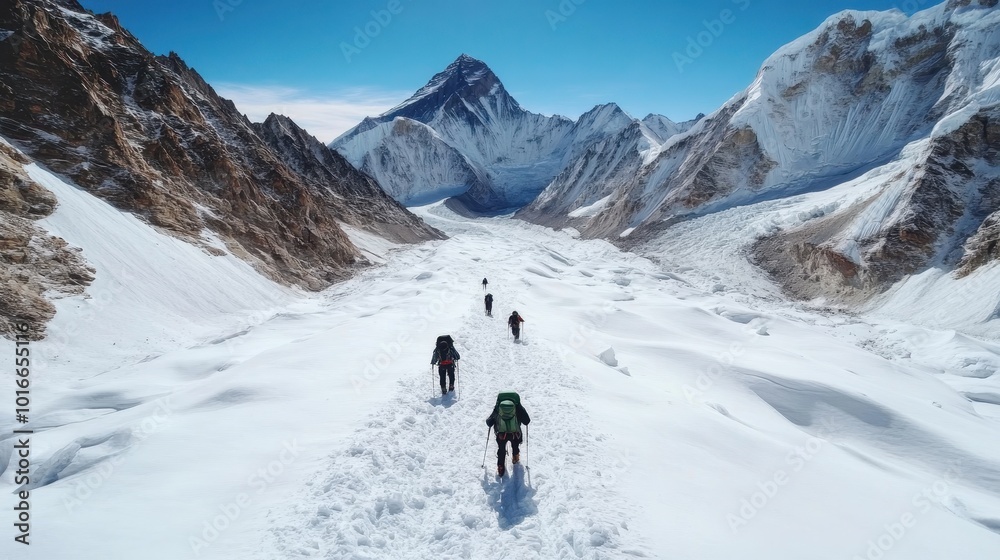 Hikers are seen ascending a remote, snow-laden mountain path under a crisp, clear sky, embodying adventure, exploration, and the determination to overcome challenges. Hikers are seen ascending a remote, snow-laden mountain path under a crisp, clear sky, embodying adventure, exploration, and the determination to overcome challenges.