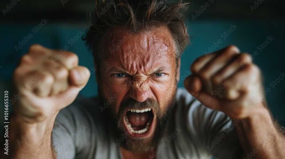 A bearded man exhibits an intense expression with clenched fists, showcasing raw emotion and anger, within an atmosphere of dramatic lighting and dynamic focus. A bearded man exhibits an intense expression with clenched fists, showcasing raw emotion and anger, within an atmosphere of dramatic lighting and dynamic focus.