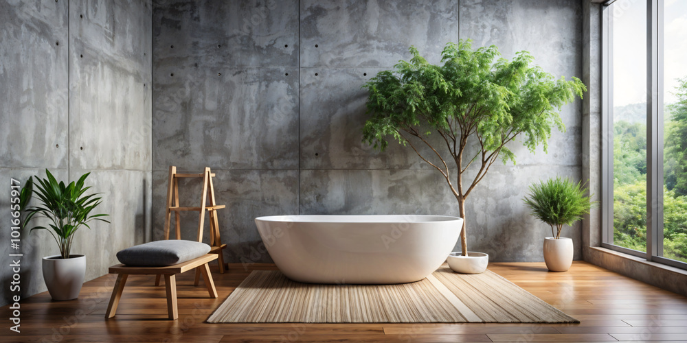 Fototapeta premium Bathroom with Bathtub, metal faucets and glasses, wooden and metal floor
