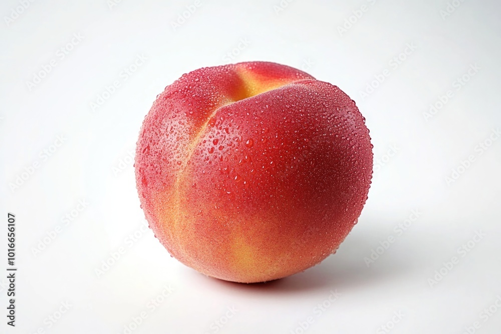 A fresh peach with water droplets on a white surface. A fresh peach with water droplets on a white surface.