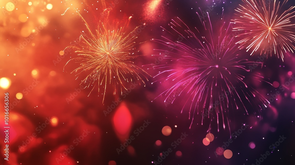 Fototapeta premium Colorful New Year Fireworks in Night Sky with City Silhouette in Background
