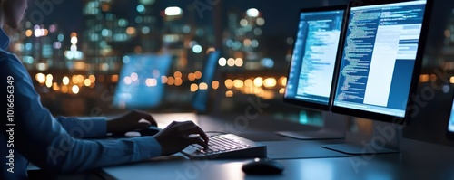 A focused individual coding on multiple monitors at night, surrounded by a vibrant city skyline and soft ambient lighting.