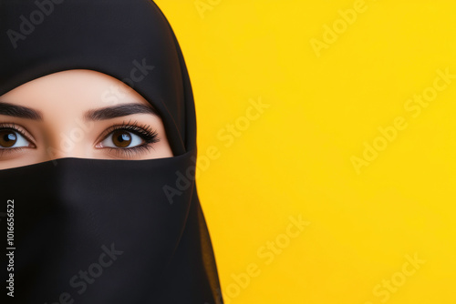 A woman wearing a white scarf with a yellow background