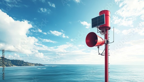 Air Raid Siren Against Blue Sky on Top of Industrial Building photo