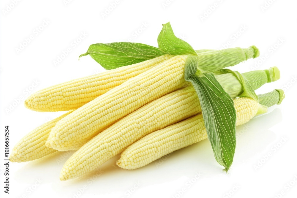 A bunch of fresh corn stalks with green leaves on a white surface. A bunch of fresh corn stalks with green leaves on a white surface.