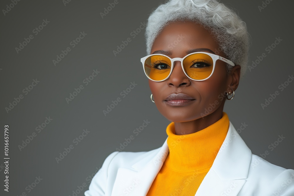 Woman wearing a white jacket and a yellow sweater. She is wearing glasses. She has a yellow frame on her glasses. happy brown skin old women with white hair posing Woman wearing a white jacket and a yellow sweater. She is wearing glasses. She has a yellow frame on her glasses. happy brown skin old women with white hair posing