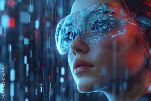 Wallpaper Mural A woman wearing futuristic-looking glasses, possibly with augmented reality or technology features. Torontodigital.ca