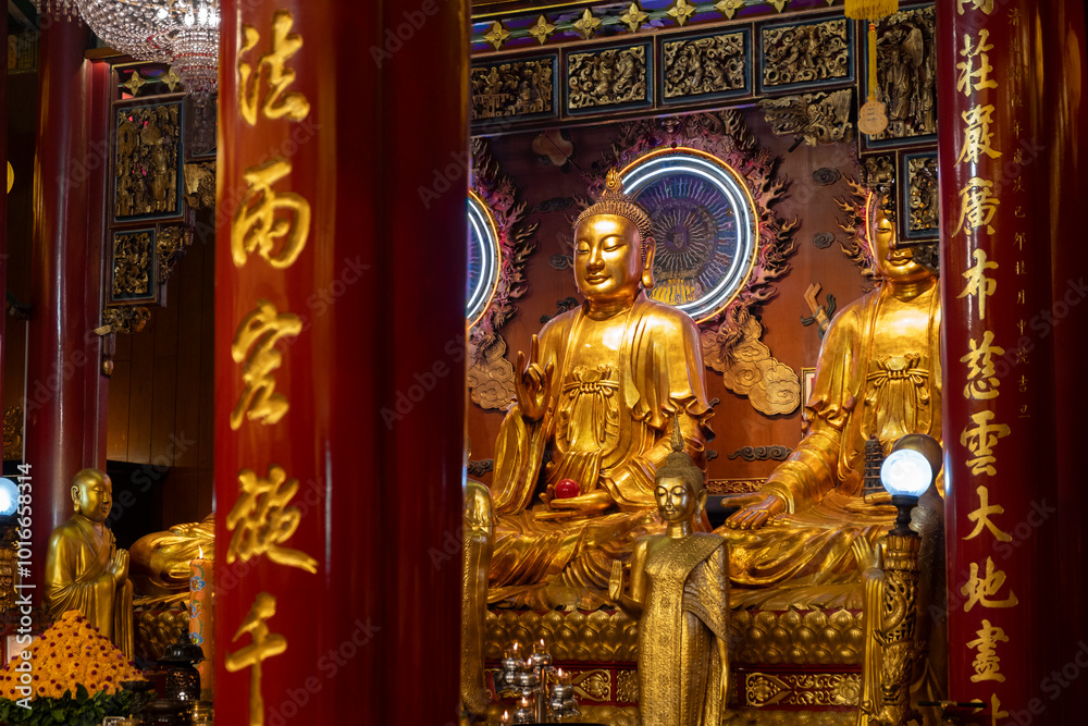 Golden Buddha Statue in Wat Mangkon Kamalawat known as Wat Leng Noei Yi, is the largest and most important Chinese Buddhist temple and hosts celebrations of a number of year-round events