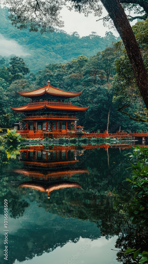 Fototapeta premium A serene temple surrounded by lush greenery, reflecting beautifully on the calm water, embodying tranquility and harmony in nature.