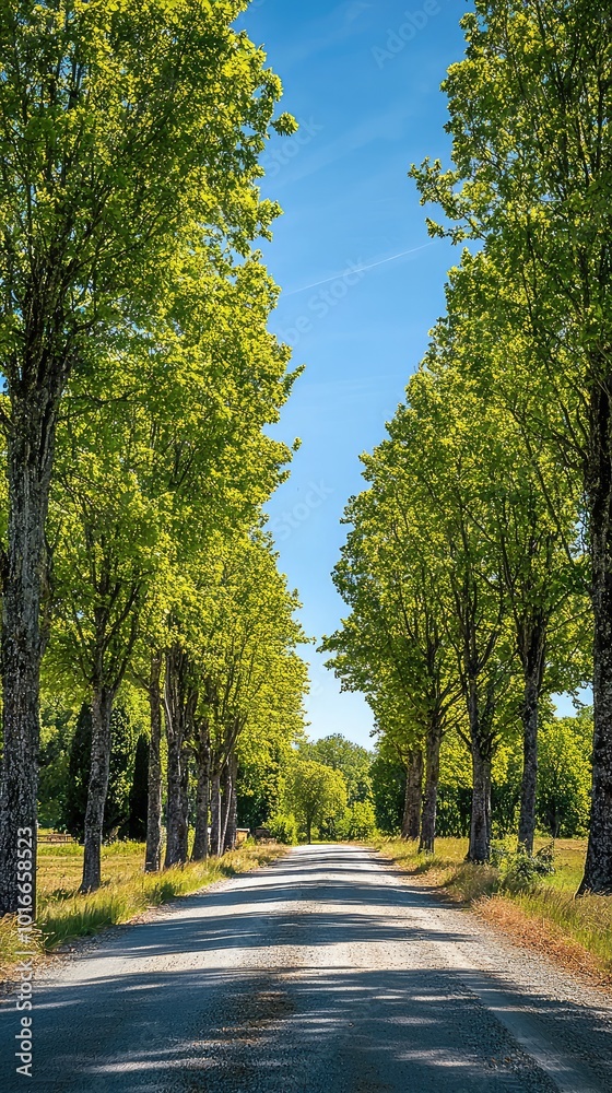 A serene tree-lined road under a clear blue sky, perfect for nature lovers and outdoor enthusiasts seeking tranquility.