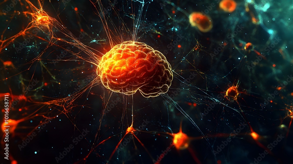 A brain caught in a glowing web, each strand leading to a different distracting thought or object. A brain caught in a glowing web, each strand leading to a different distracting thought or object.