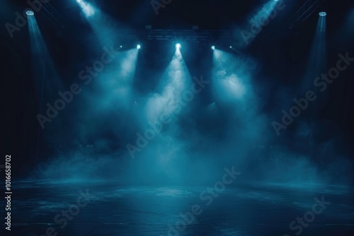 Illuminated stage with spotlights and smoke concert performer lighting.