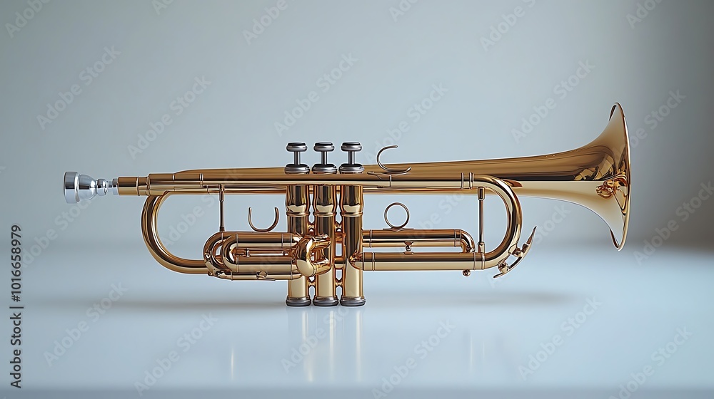 Fototapeta premium A golden trumpet rests on a white surface.