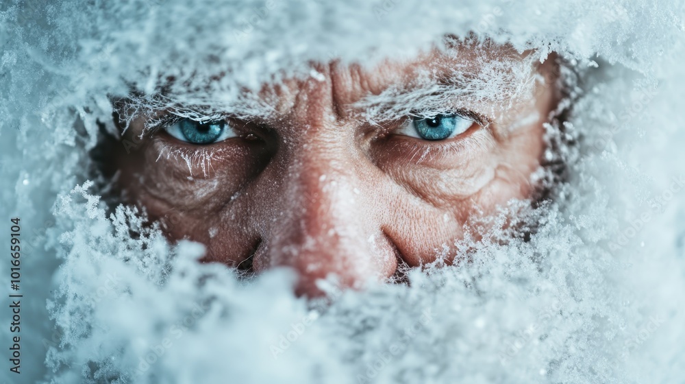 An intense close-up image shows the frosty face of a man with blazing blue eyes, his eyebrows and beard covered in ice and snow for an Arctic view. An intense close-up image shows the frosty face of a man with blazing blue eyes, his eyebrows and beard covered in ice and snow for an Arctic view.