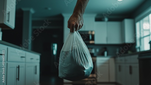 Hand Holding Plastic Bag in Kitchen Environment