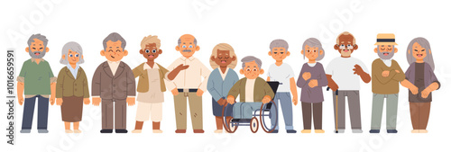 Diverse group of happy older adults on isolated background. Community of modern pensioners flat vector illustration