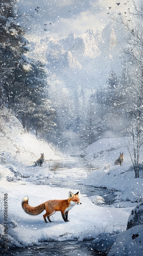A serene winter landscape featuring a fox in snow, surrounded by trees and mountains, evoking tranquility and the beauty of nature. A serene winter landscape featuring a fox in snow, surrounded by trees and mountains, evoking tranquility and the beauty of nature.