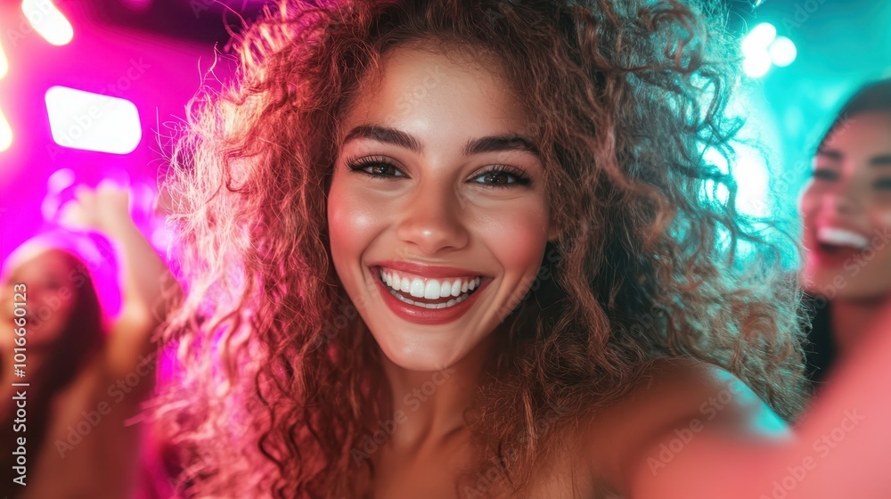 A joyful woman is seen in a close-up shot at a party, exuding happiness, with a vibrant neon-lit backdrop that creates an exciting festive atmosphere. A joyful woman is seen in a close-up shot at a party, exuding happiness, with a vibrant neon-lit backdrop that creates an exciting festive atmosphere.